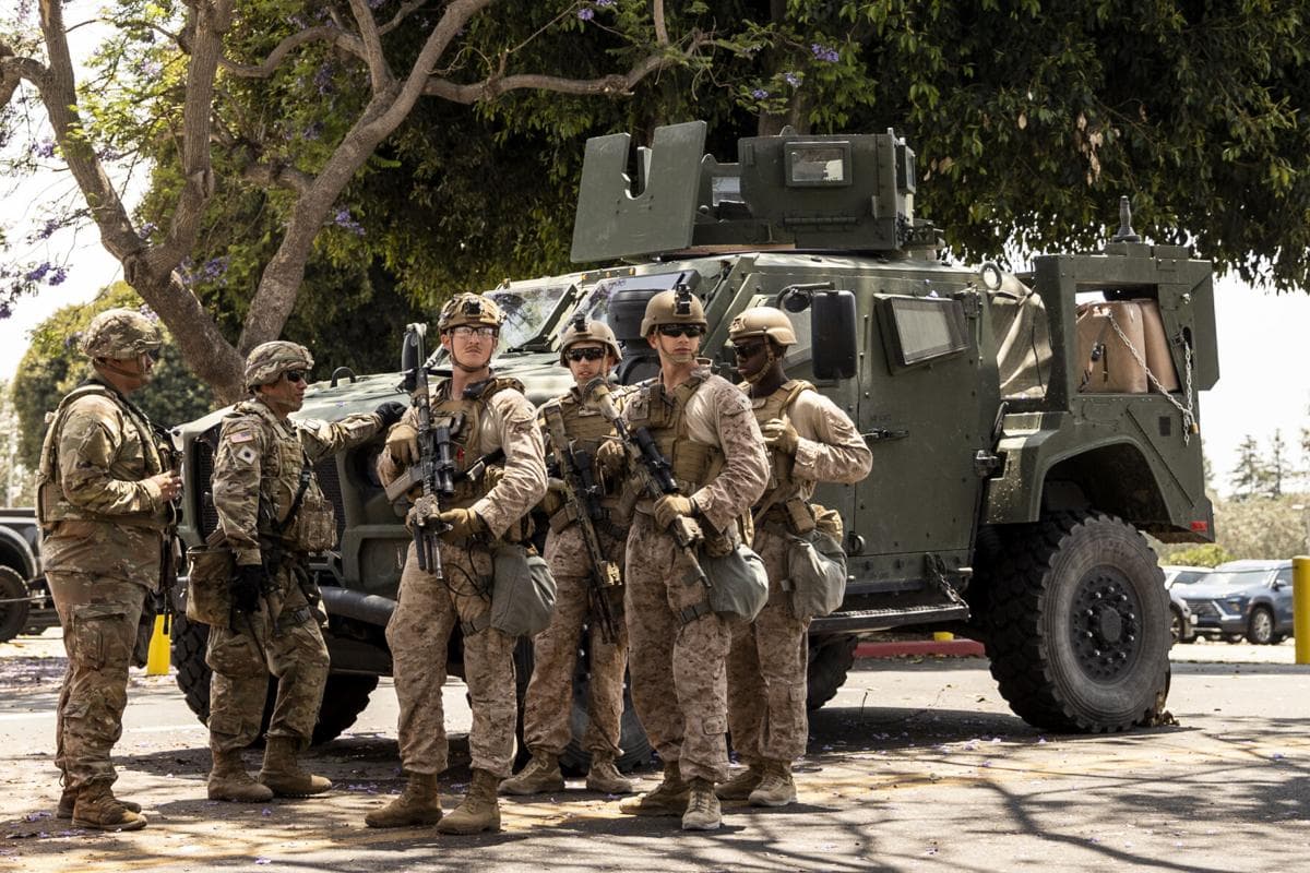 Fact Check: Members of the California National Guard and U.S. Marines guard the entrance outside the Wilshire Federal Building, ahead of Saturday’s nationwide 'No Kings Day' protest.
