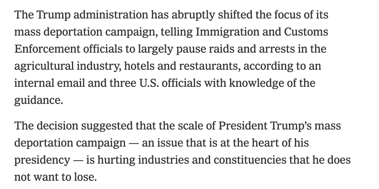 Fact Check: The Trump administration has abruptly shifted the focus of its mass deportation campaign, telling Immigration and Customs Enforcement officials to largely pause raids and arrests in the agricultural industry, hotels and restaurants.
