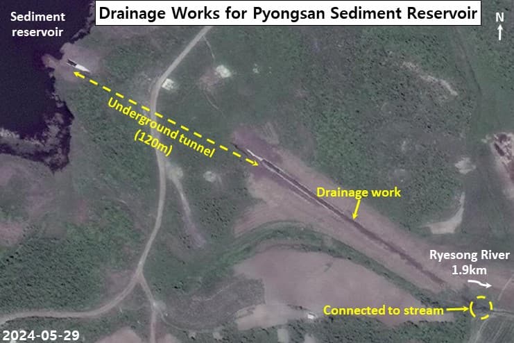 Fact Check: High-resolution satellite imagery captured in late October 2024 shows wastewater from the Pyongsan uranium facility being discharged into a stream that flows into the Yesong River.