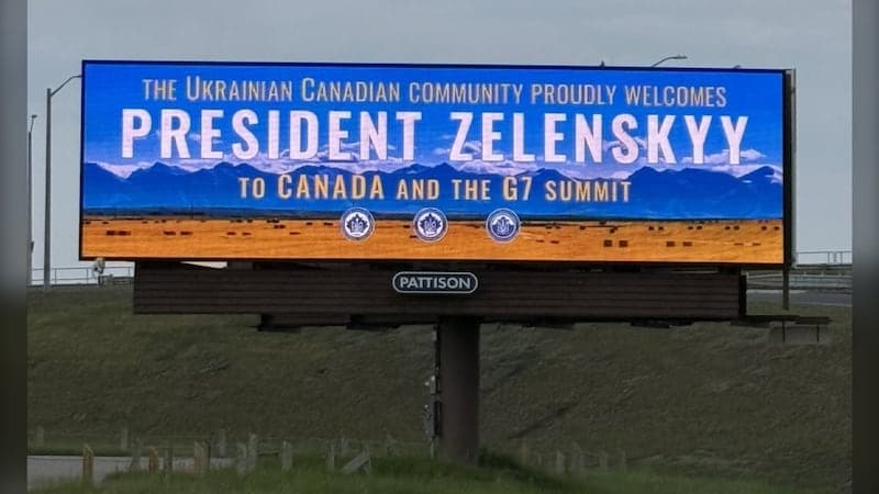 Fact Check: A large electronic billboard welcoming Zelenskyy to Alberta was designed by Ivan Ostapenko and is located near the Calgary International Airport.