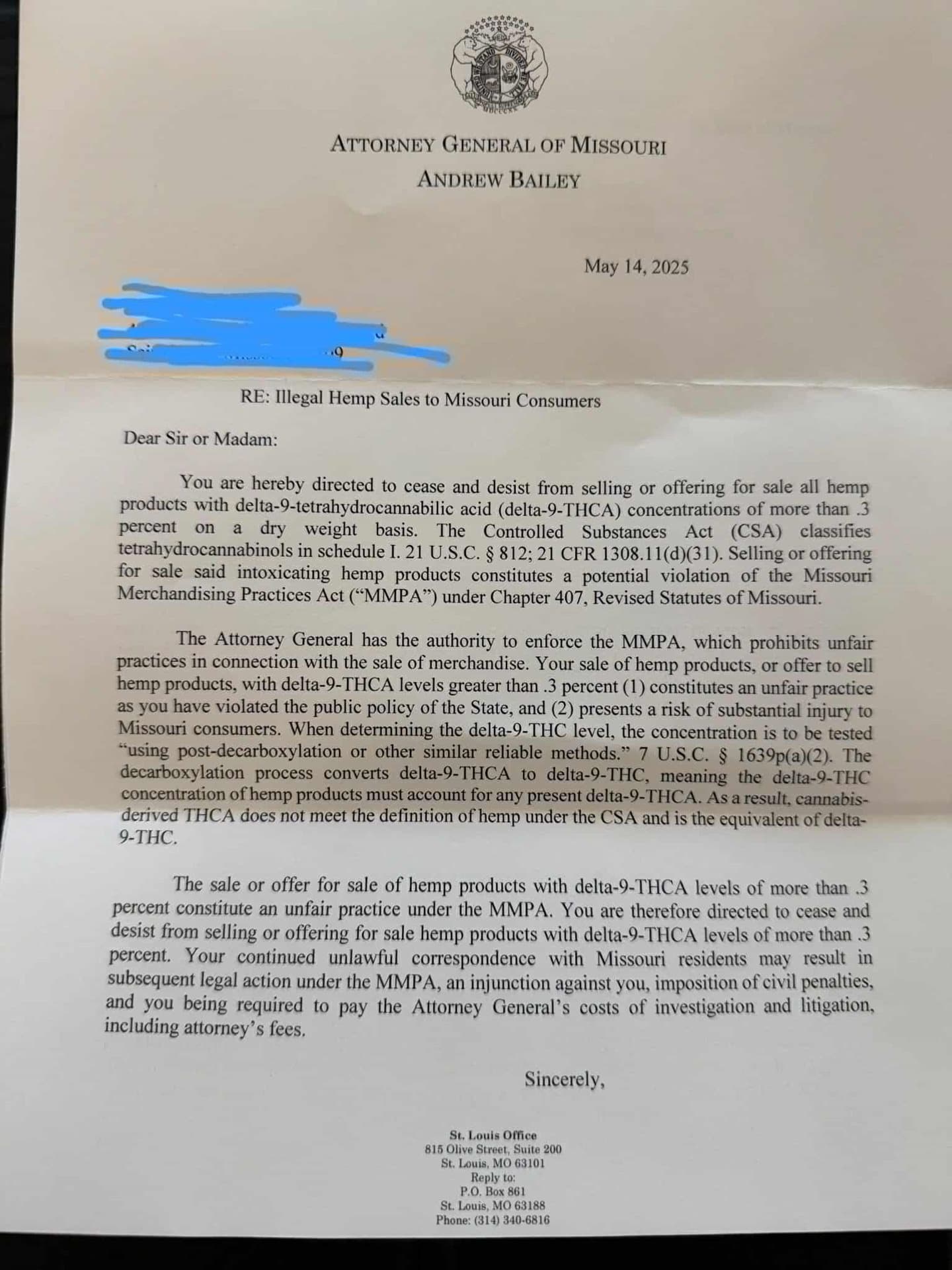 Fact Check: Missouri Attorney General Andrew Bailey has sent 18 cease-and-desist letters to companies selling a hemp product called THCA flower that resembles marijuana flower.