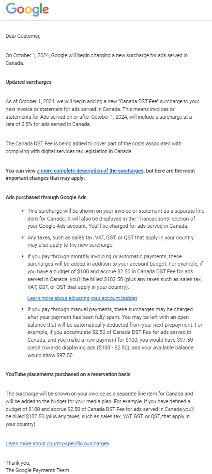 Fact Check: Canadian digital advertisers face a 2.5% surcharge due to new tax policies.
