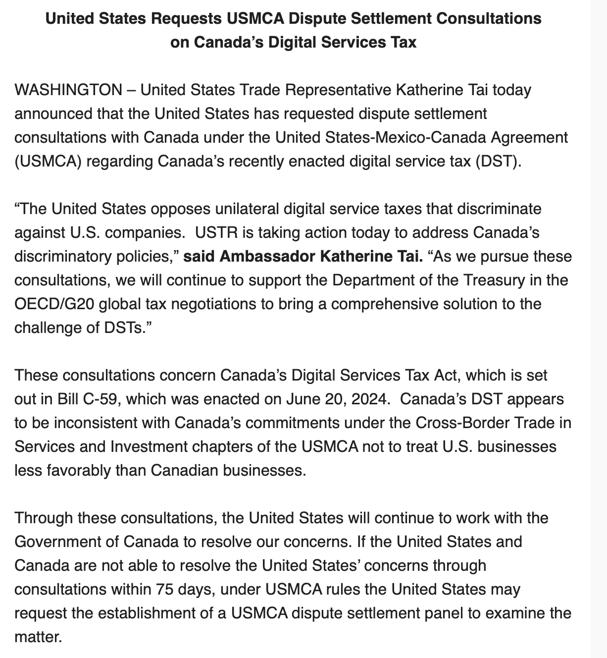 Fact Check: U.S. challenges Canada's digital services tax under USMCA agreement.